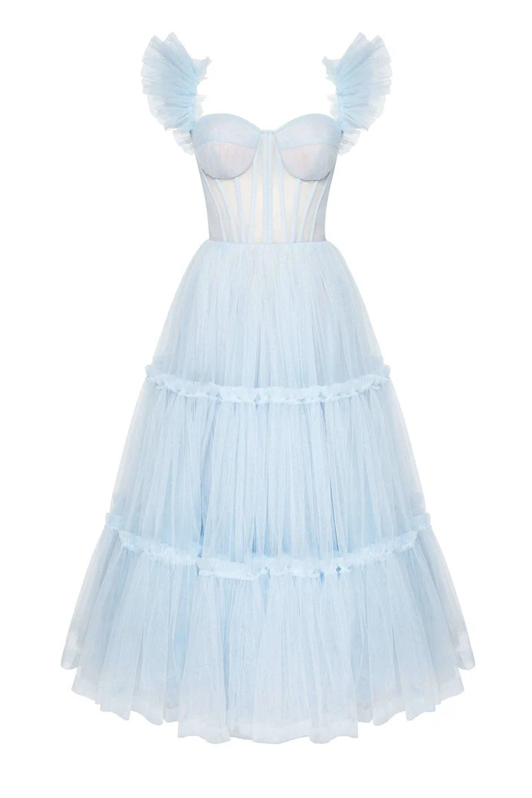 Soft Blue Ruffle Tulle Midi Dress