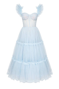 Soft Blue Ruffle Tulle Midi Dress