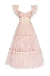 Pink Peony Ruffle Tulle Midi Dress