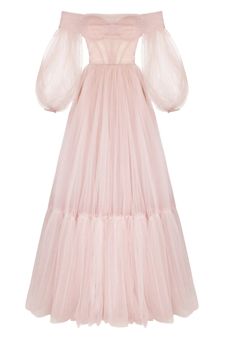 Misty Rosy Sheer Sleeves Tulle Dress