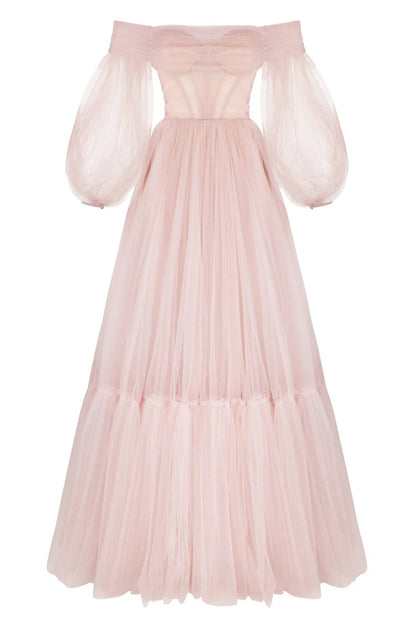 Misty Rosy Sheer Sleeves Tulle Dress