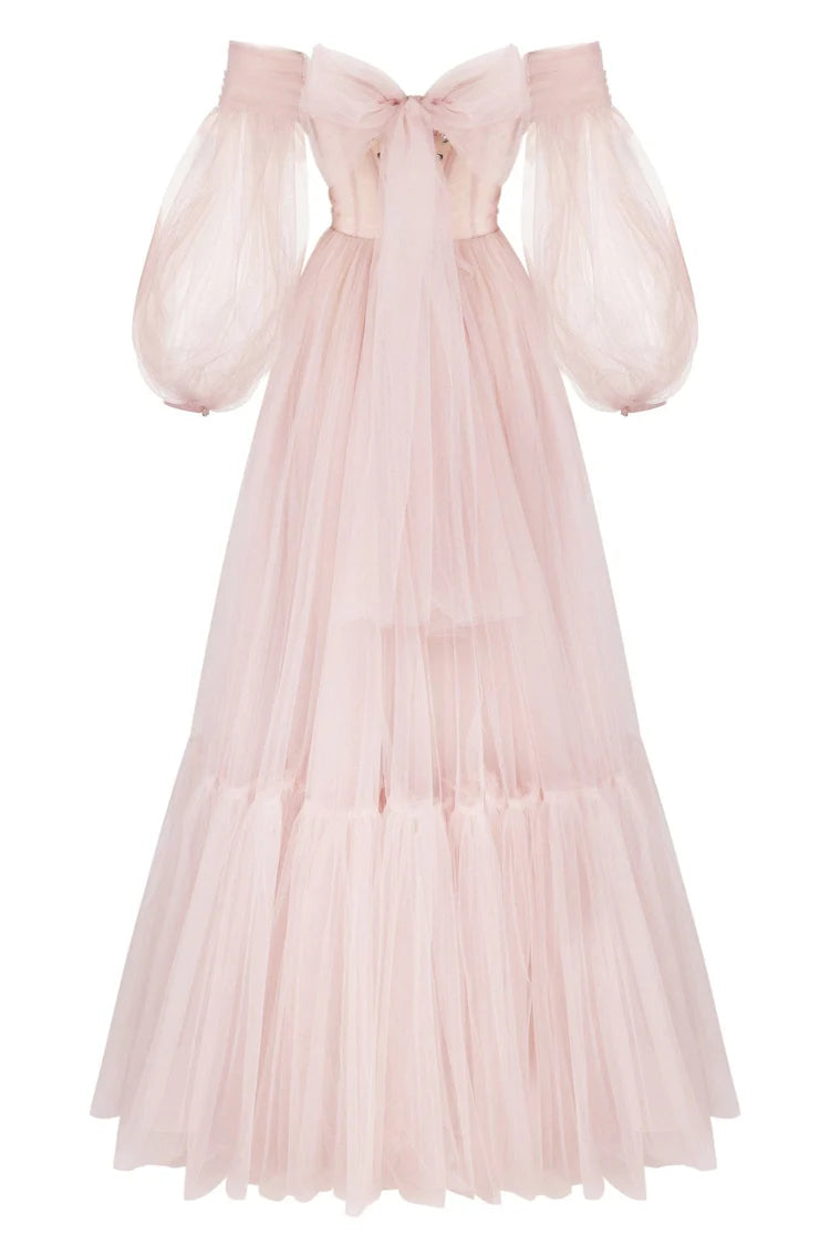 Misty Rosy Sheer Sleeves Tulle Dress