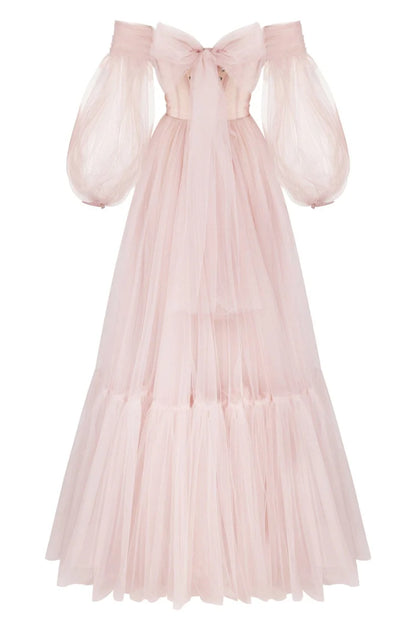 Misty Rosy Sheer Sleeves Tulle Dress
