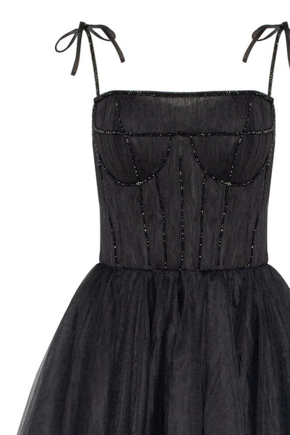 Black Ribbon Strap Cocktail Dress with Onyx Corset Embroidery