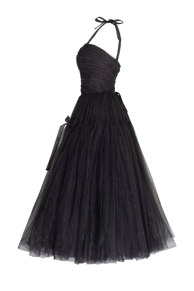 Black Bloom Lace Up Tulle Dress