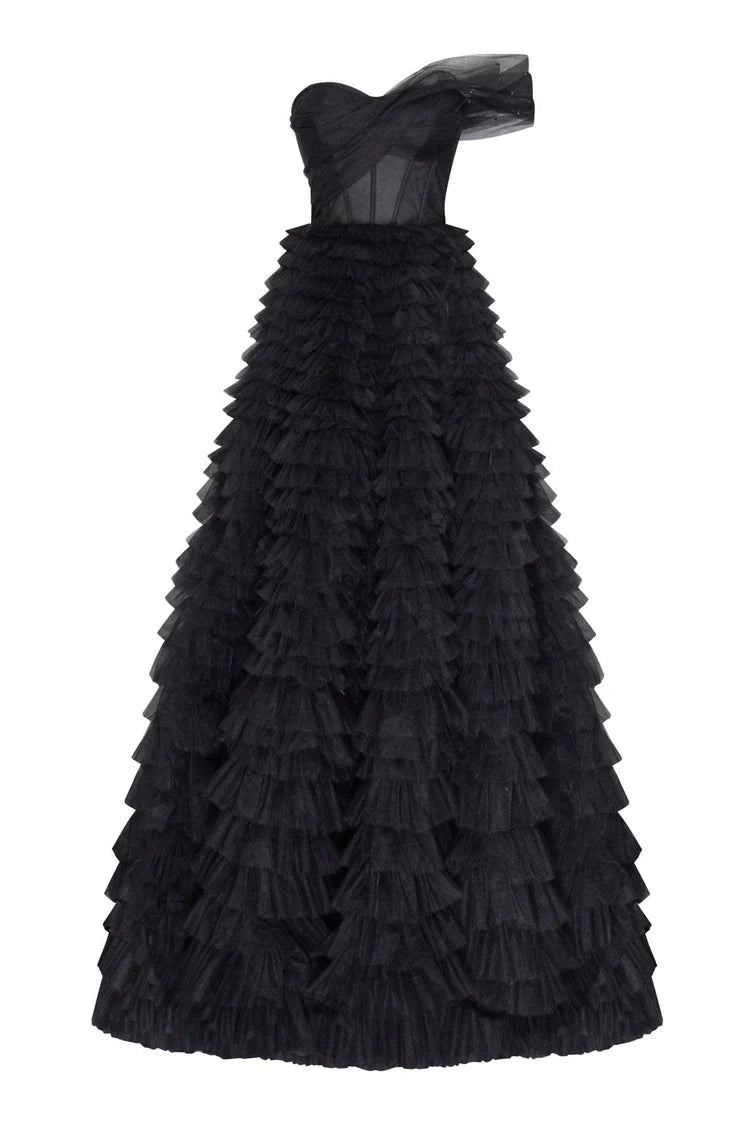 Obsidian One Shoulder Frill layered Swan Gown