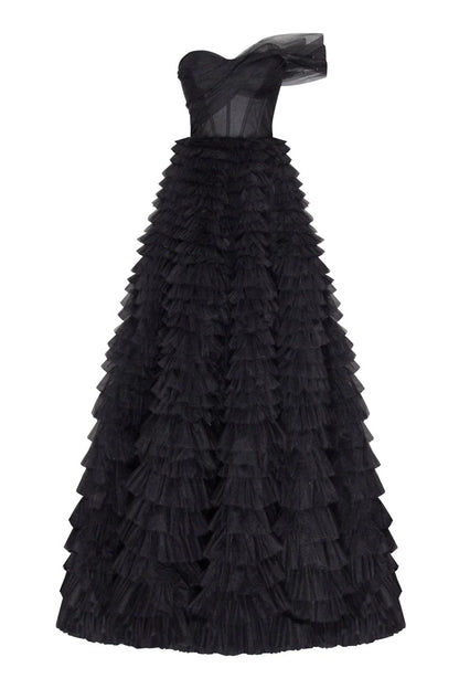 Obsidian One Shoulder Frill layered Swan Gown