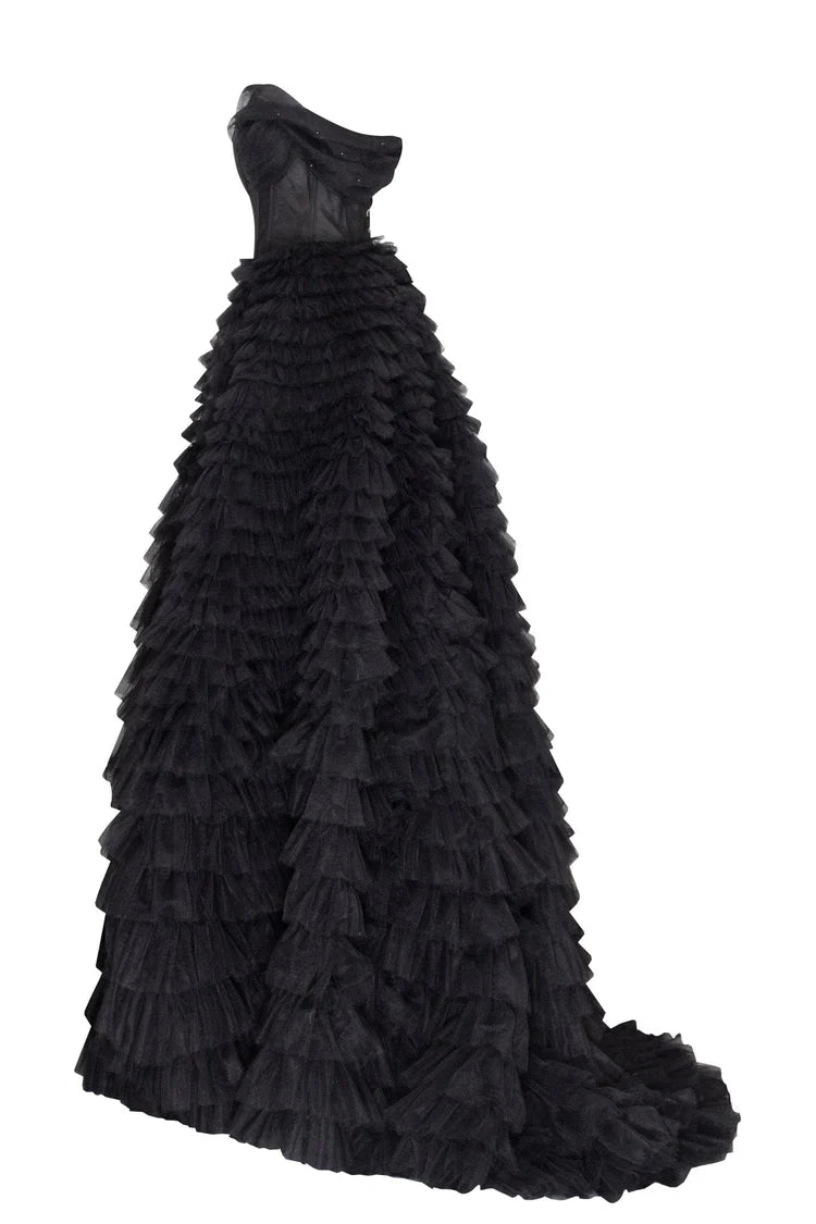 Obsidian One Shoulder Frill layered Swan Gown