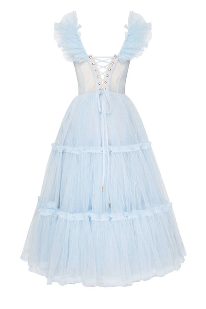 Soft Blue Ruffle Tulle Midi Dress
