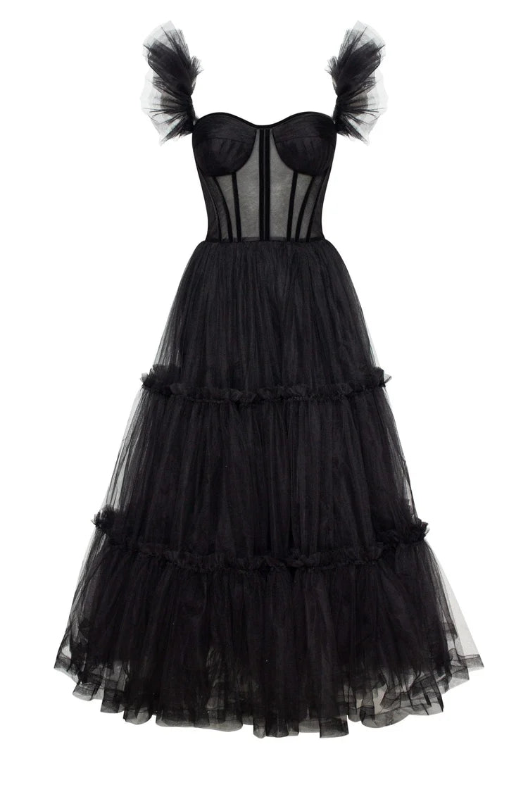 Obsidian Night Ruffle Tulle Midi Dress