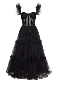 Obsidian Night Ruffle Tulle Midi Dress