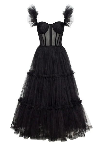 Obsidian Night Ruffle Tulle Midi Dress