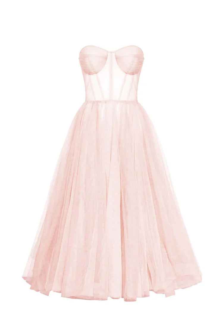 Strapless Blush Bloom Midi Tulle Dress
