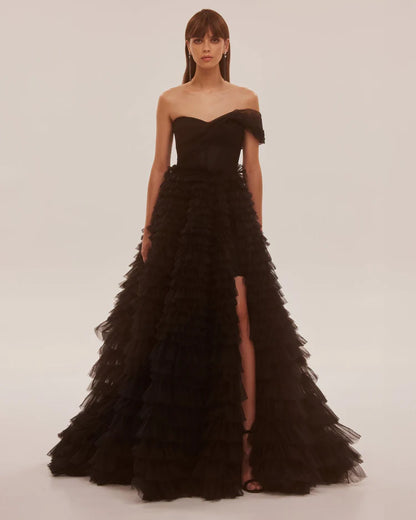 Obsidian One Shoulder Frill layered Swan Gown