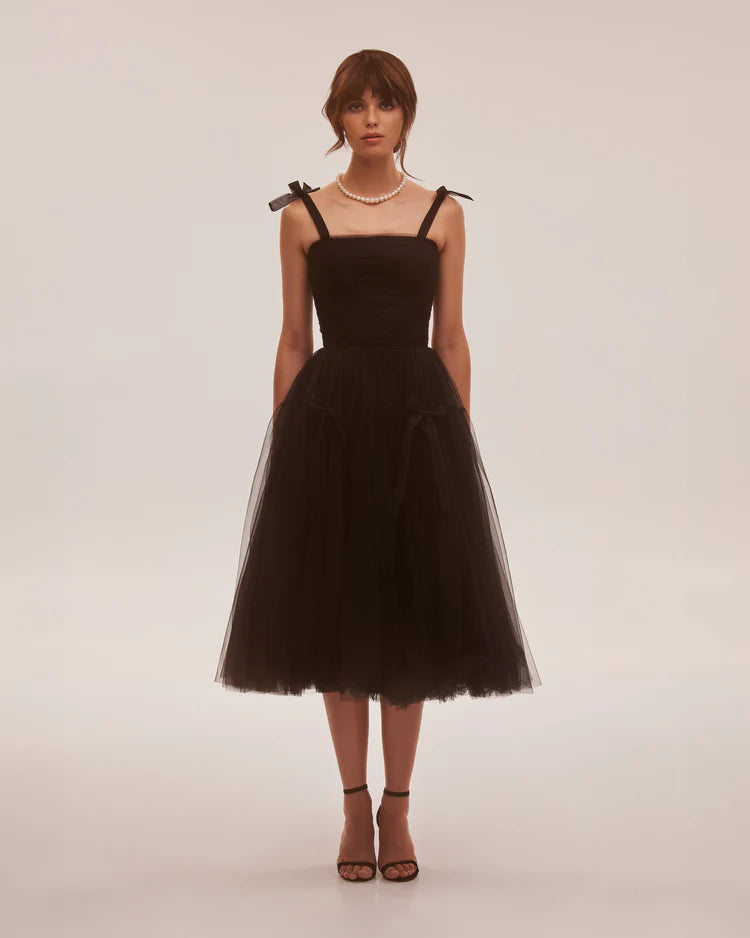 Black Bloom Lace Up Tulle Dress