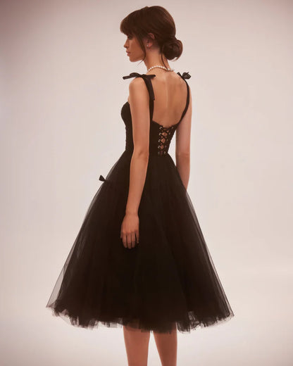 Black Bloom Lace Up Tulle Dress