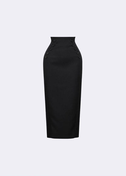 Black High Waist Formline Skirt with Button Detail