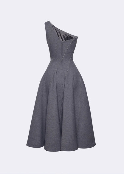 Grey One Shoulder Stormline Cut Dress