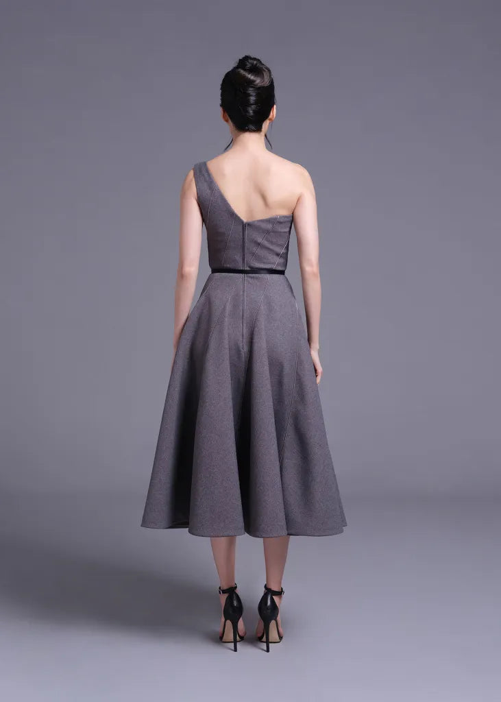 Grey One Shoulder Stormline Cut Dress