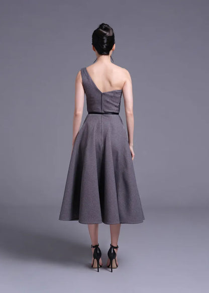 Grey One Shoulder Stormline Cut Dress