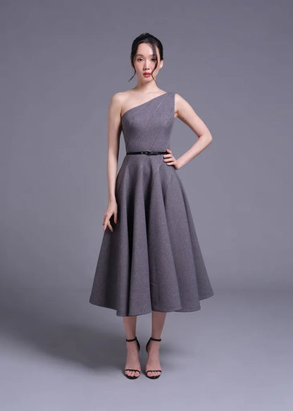 Grey One Shoulder Stormline Cut Dress
