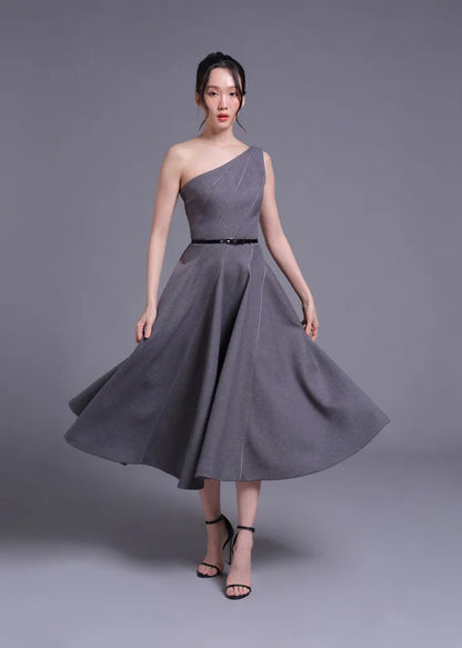 Grey One Shoulder Stormline Cut Dress