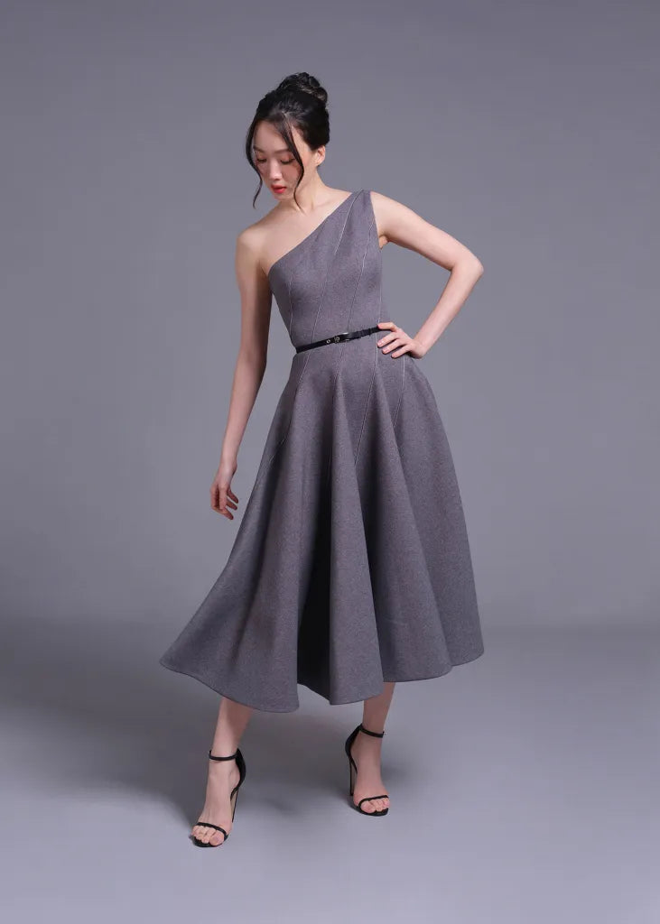 Grey One Shoulder Stormline Cut Dress