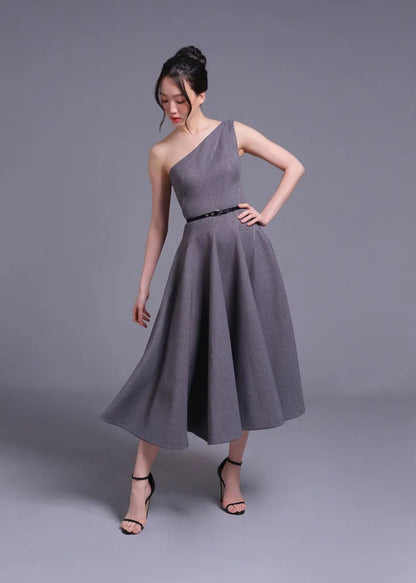 Grey One Shoulder Stormline Cut Dress