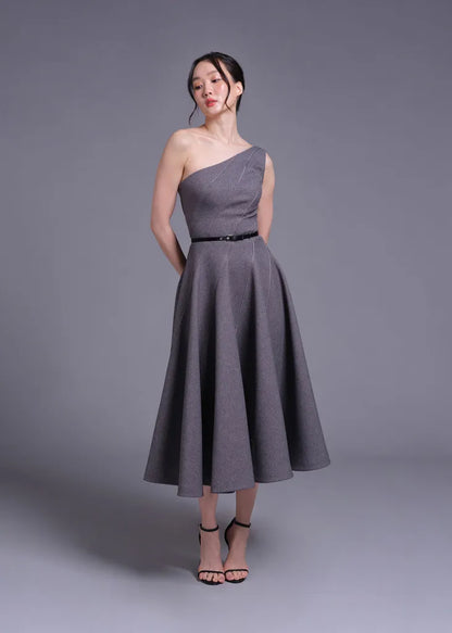 Grey One Shoulder Stormline Cut Dress