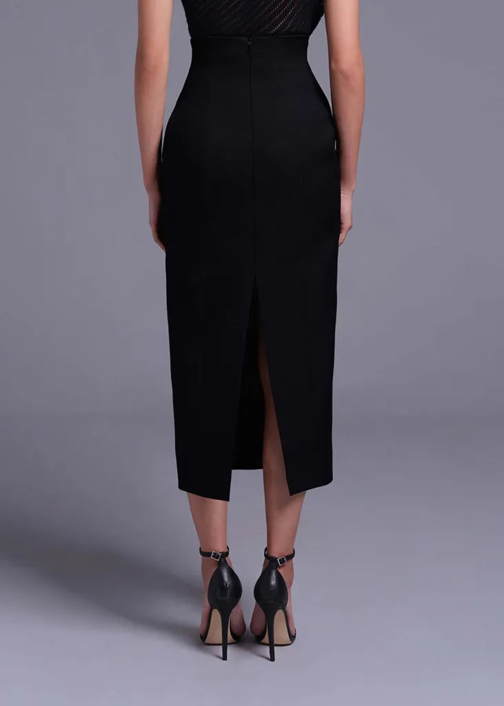 Black High Waist Formline Skirt with Button Detail