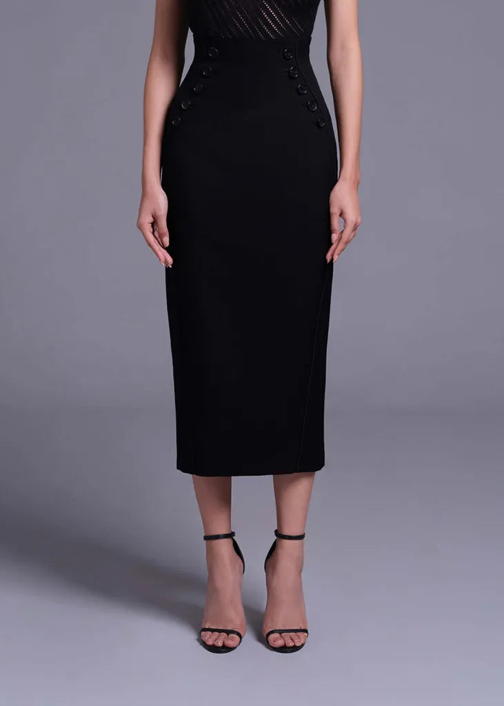 Black High Waist Formline Skirt with Button Detail