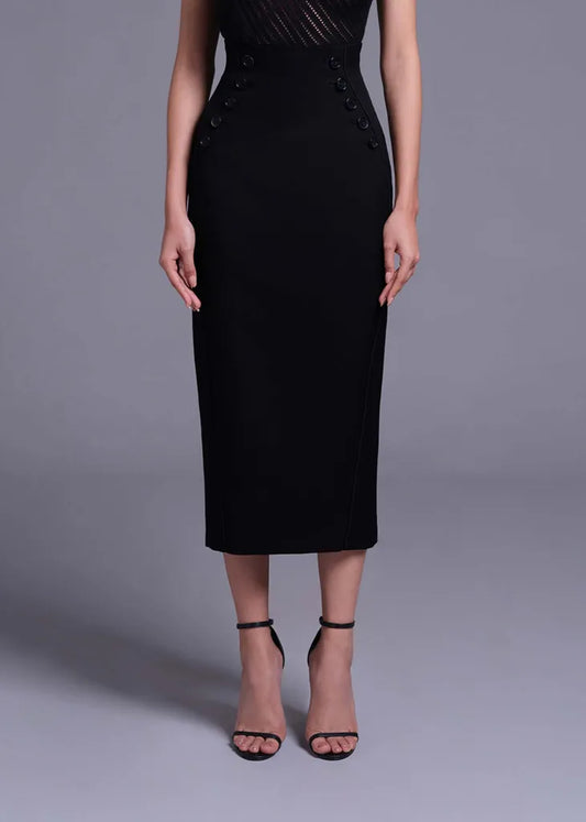 Black High Waist Formline Skirt with Button Detail
