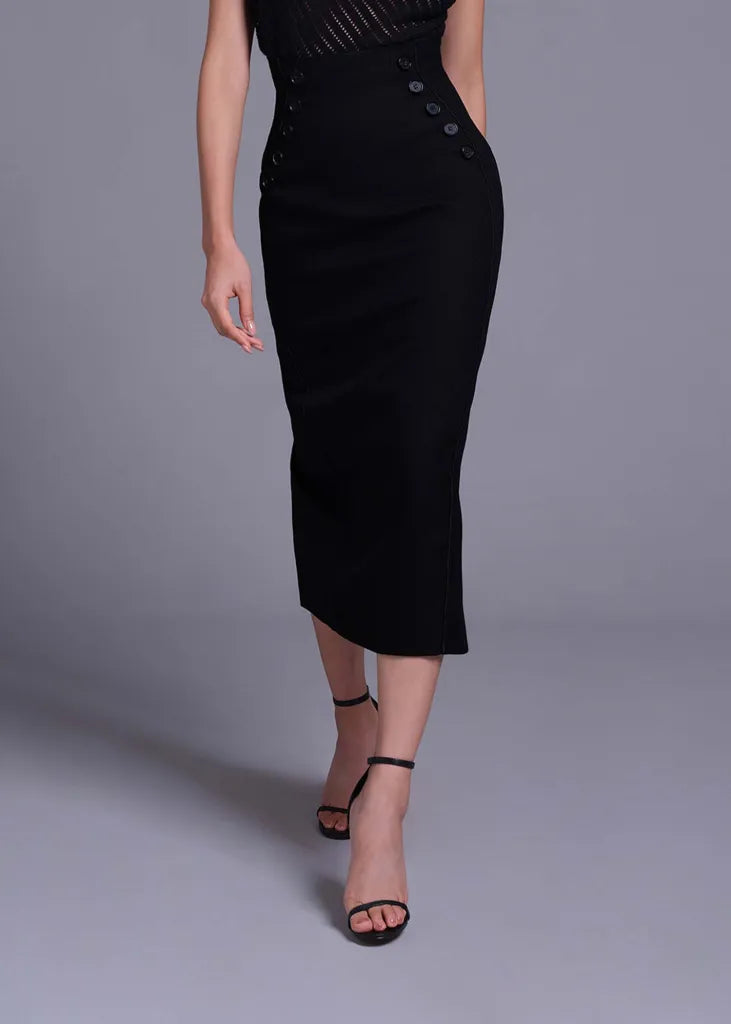 Black High Waist Formline Skirt with Button Detail