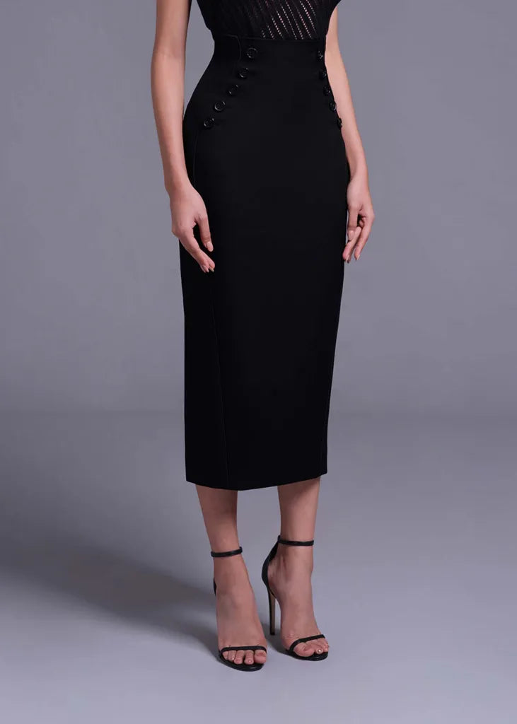 Black High Waist Formline Skirt with Button Detail