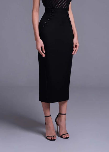 Black High Waist Formline Skirt with Button Detail