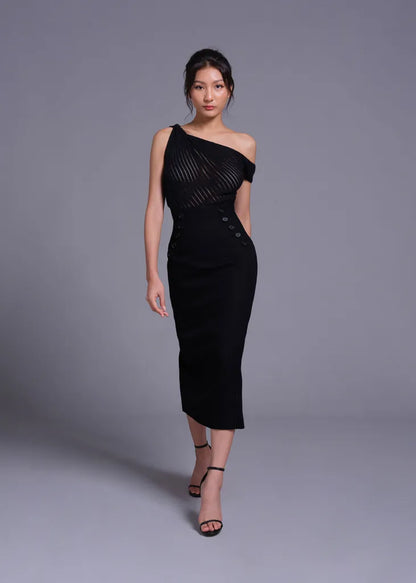 Black High Waist Formline Skirt with Button Detail