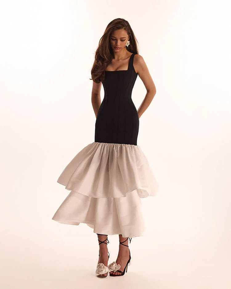 Black Contour maxi dress with Ivory Puffy Tiered Skirt, Parisienne