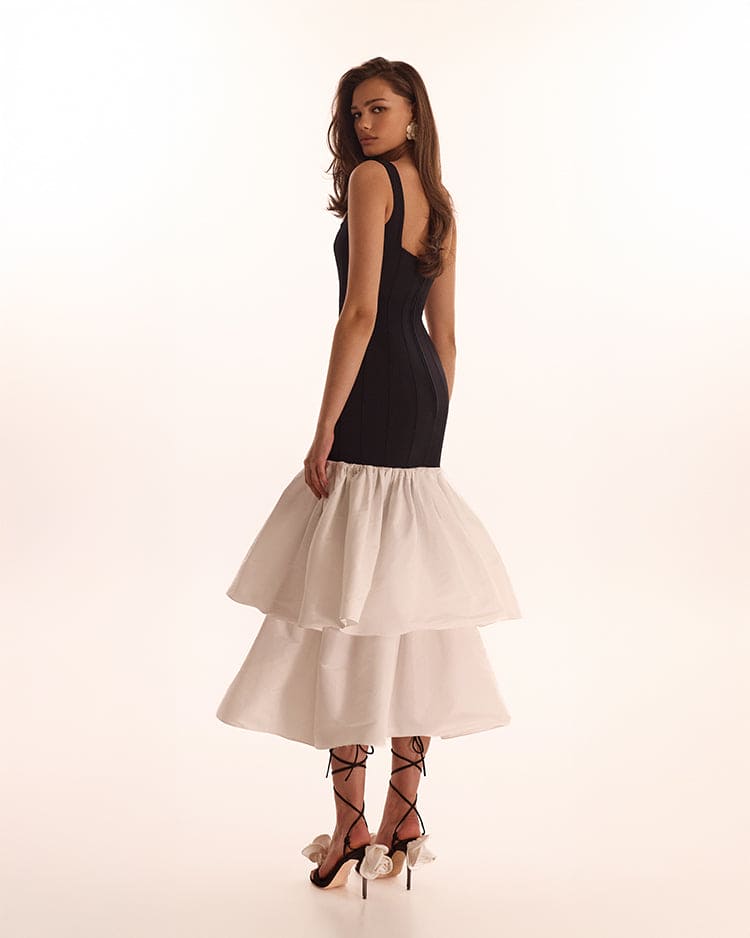 Black Contour maxi dress with Ivory Puffy Tiered Skirt, Parisienne