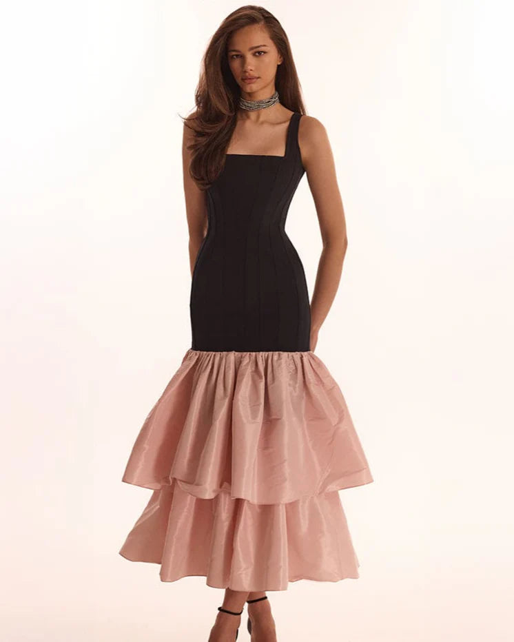 Pink Contour maxi dress with Ivory Puffy Tiered Skirt, Parisienne