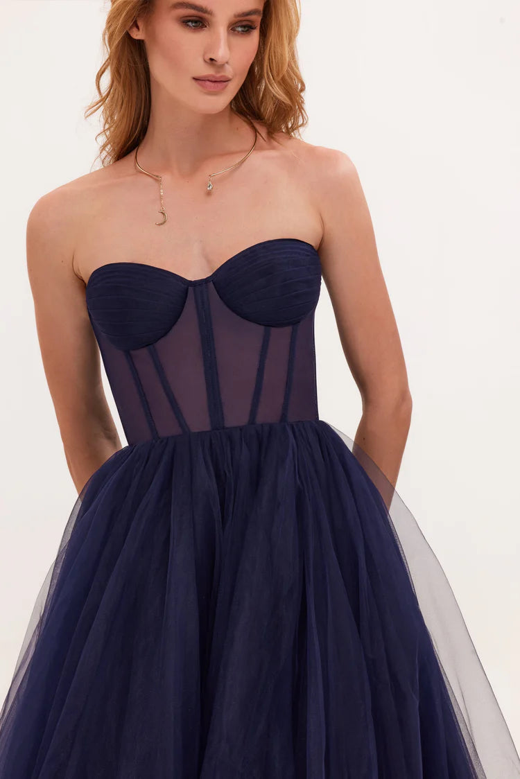 Strapless Navy Bloom Midi Tulle Dress