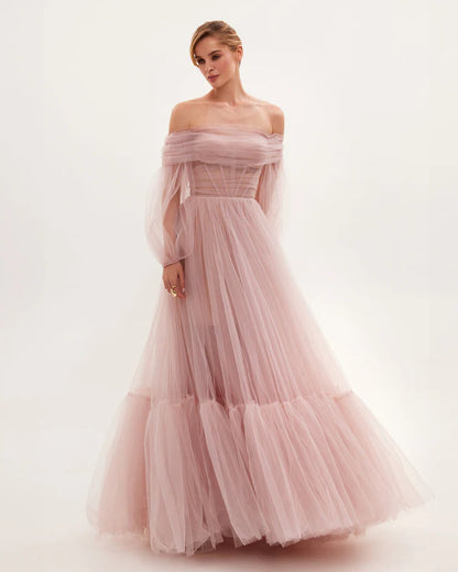 Misty Rosy Sheer Sleeves Tulle Dress