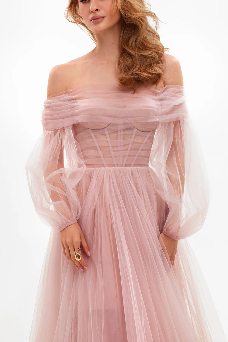 Misty Rosy Sheer Sleeves Tulle Dress