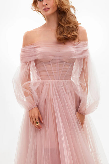 Misty Rosy Sheer Sleeves Tulle Dress