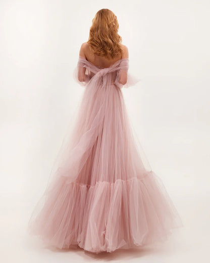Misty Rosy Sheer Sleeves Tulle Dress