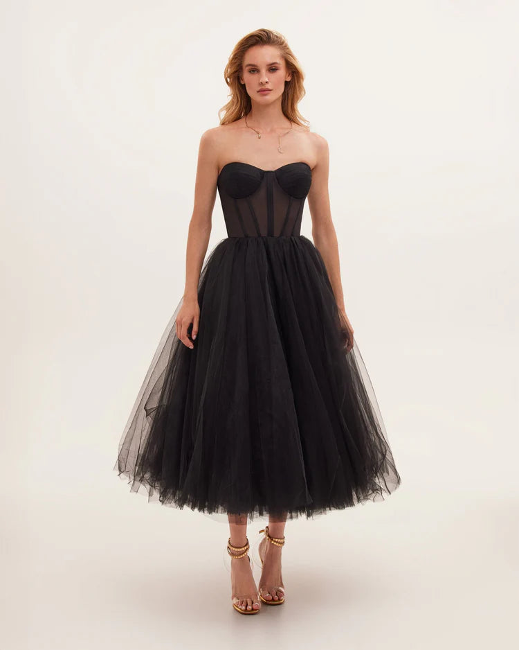 Strapless Black Bloom Midi Tulle Dress