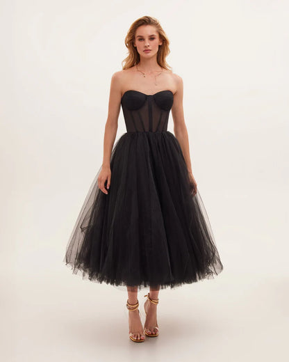 Strapless Black Bloom Midi Tulle Dress