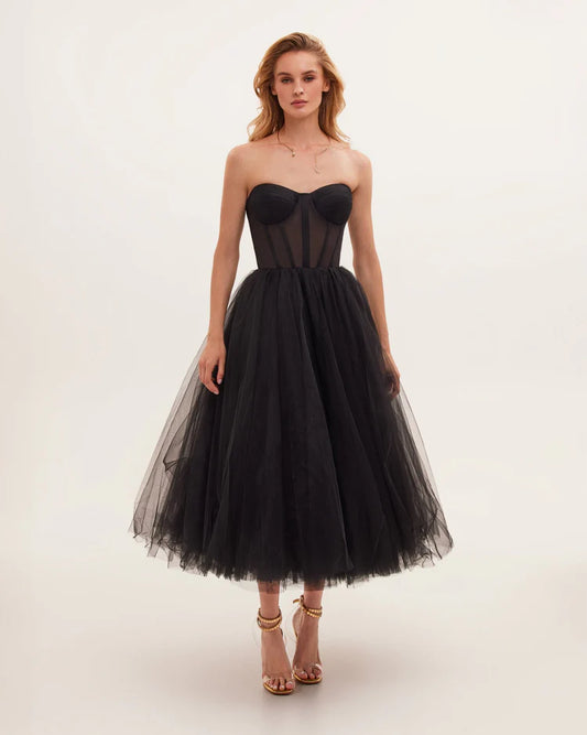 Strapless Black Bloom Midi Tulle Dress