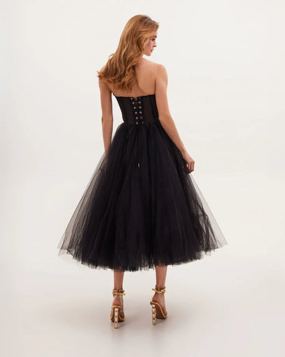 Strapless Black Bloom Midi Tulle Dress