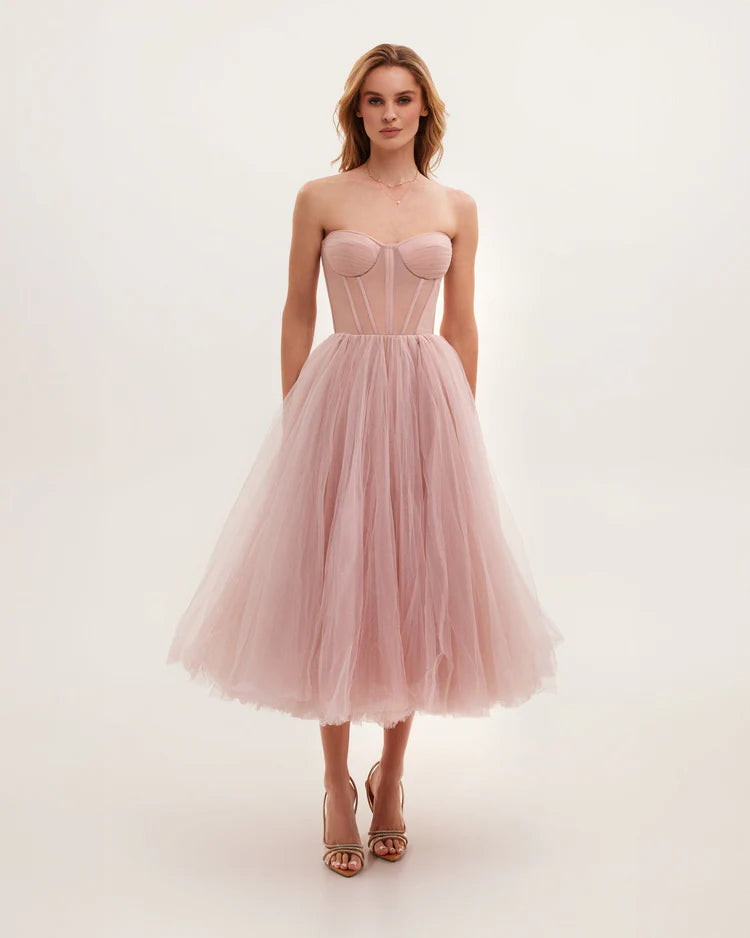 Strapless Blush Bloom Midi Tulle Dress