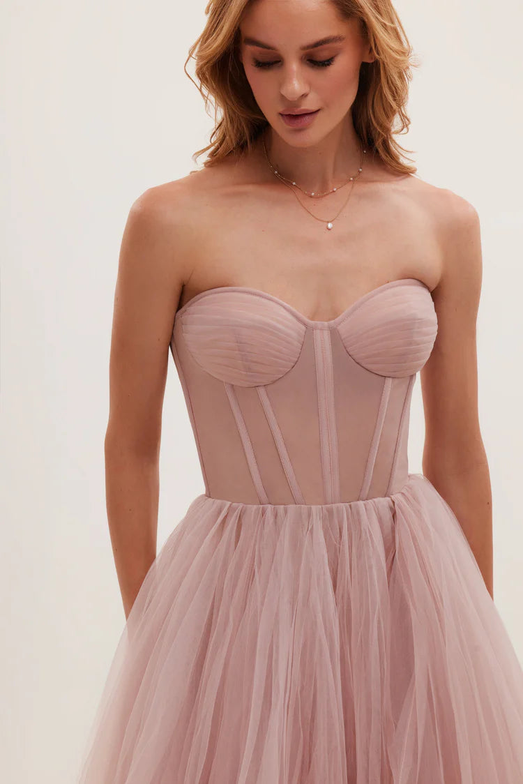 Strapless Blush Bloom Midi Tulle Dress